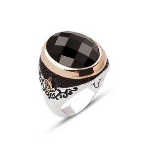 Facet Cut Black Zircon Stone Ellipse Silver Men’s Ring Siding Ottoman Tughra and Branch Pattern