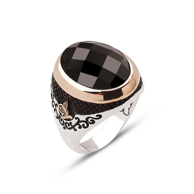 Facet Cut Black Zircon Stone Ellipse Silver Men’s Ring Siding Ottoman Tughra and Branch Pattern