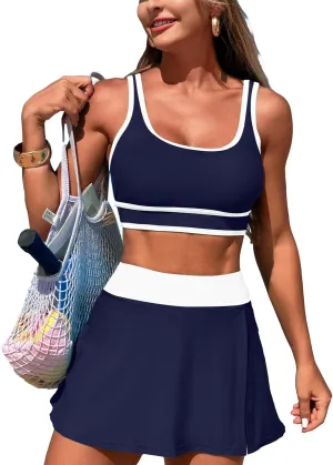Fanuerg Women's High Waisted Bikini Sets Sporty Color Block Tummy Control Swimsuit Swim Skirt Two Piece Bathing Suit