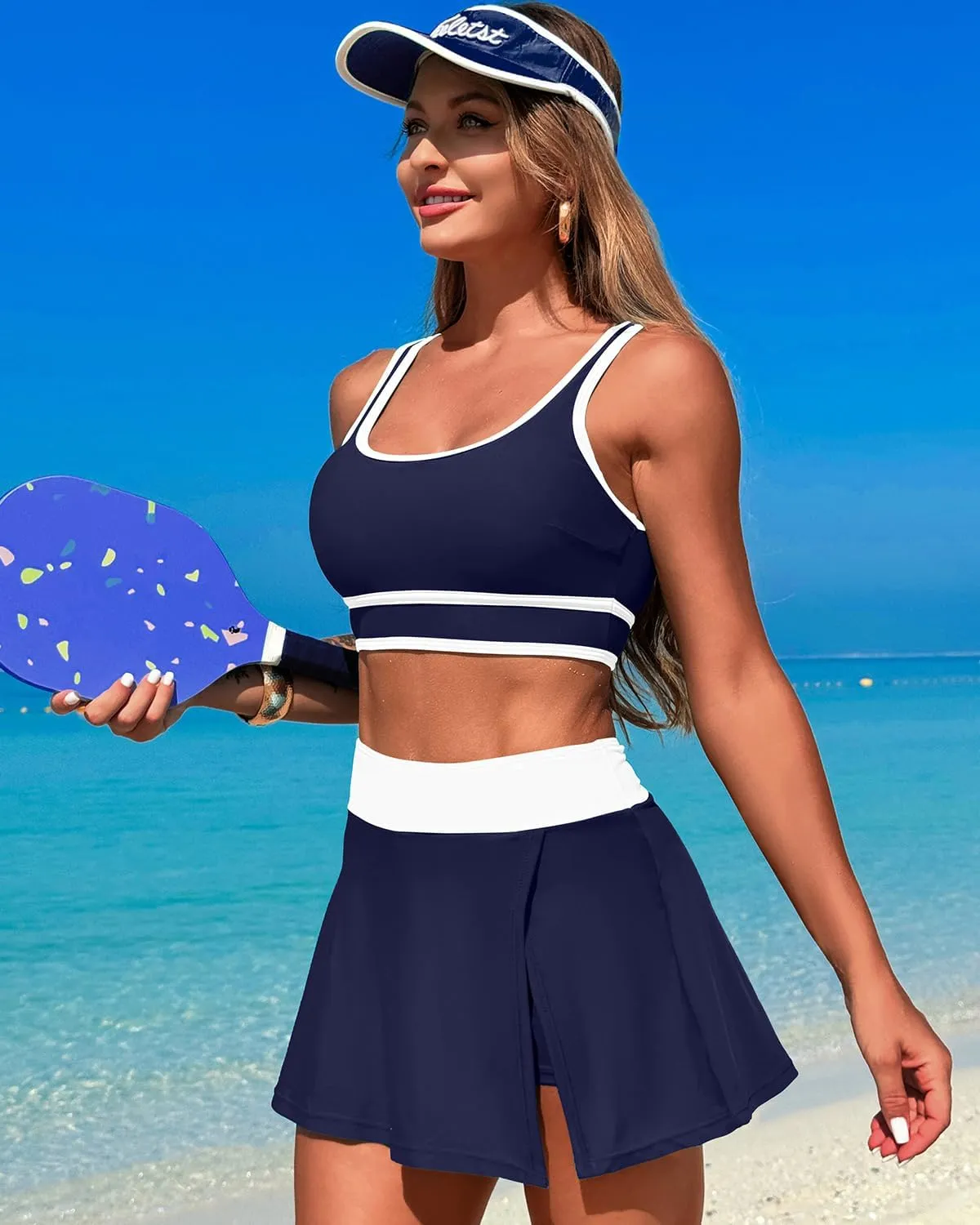 Fanuerg Women's High Waisted Bikini Sets Sporty Color Block Tummy Control Swimsuit Swim Skirt Two Piece Bathing Suit