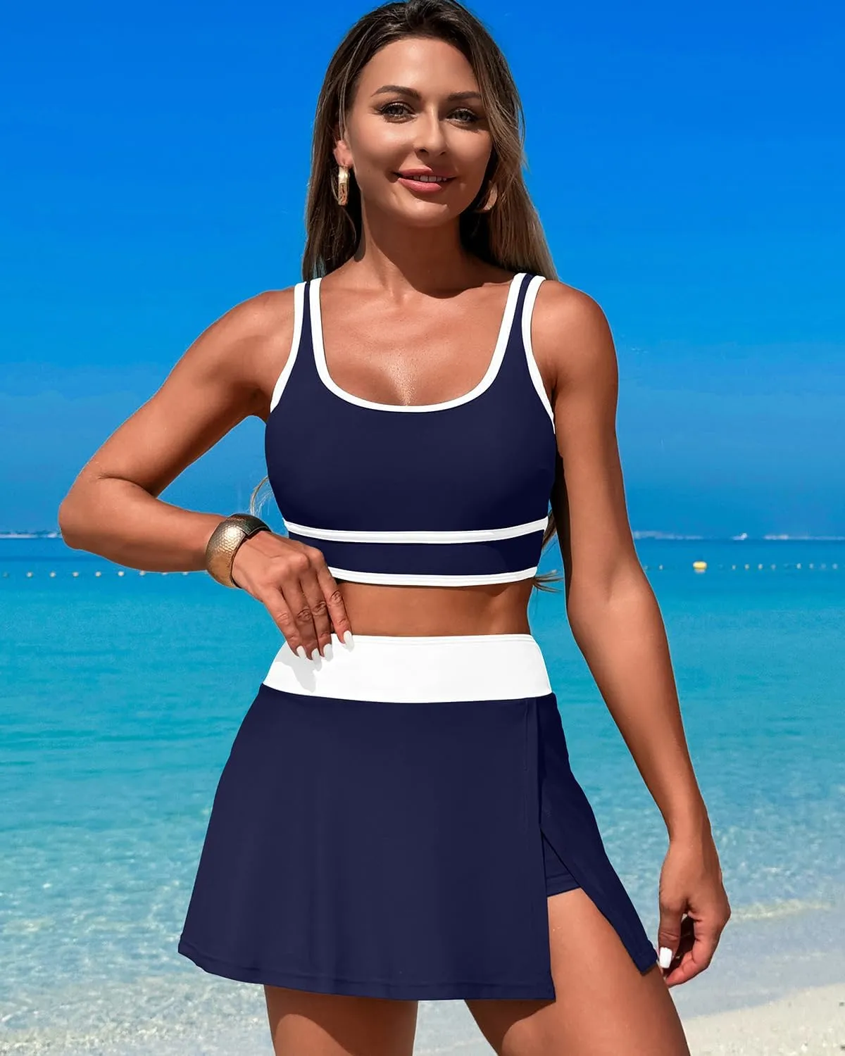 Fanuerg Women's High Waisted Bikini Sets Sporty Color Block Tummy Control Swimsuit Swim Skirt Two Piece Bathing Suit