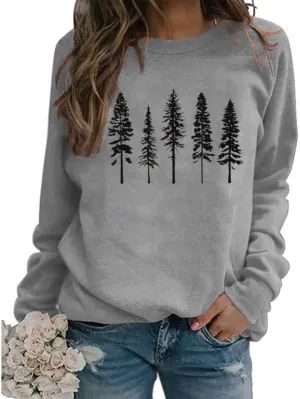 FCDIED Womens Funny Pine Tree Camping Sweatshirt Casual Fall Outdoor Hiking Pullover Travel Long Sleeve O-Neck Pullover Tops