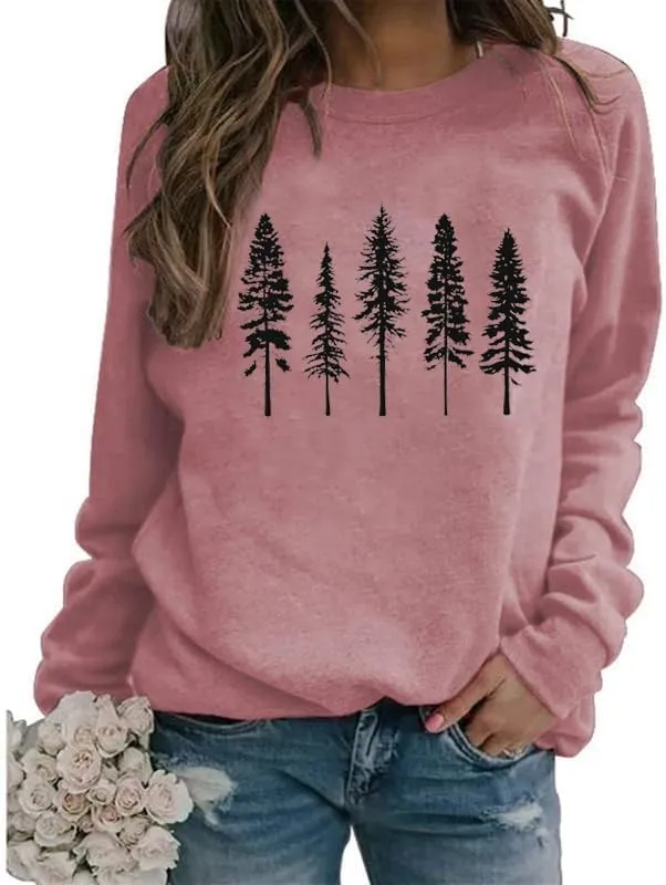 FCDIED Womens Funny Pine Tree Camping Sweatshirt Casual Fall Outdoor Hiking Pullover Travel Long Sleeve O-Neck Pullover Tops