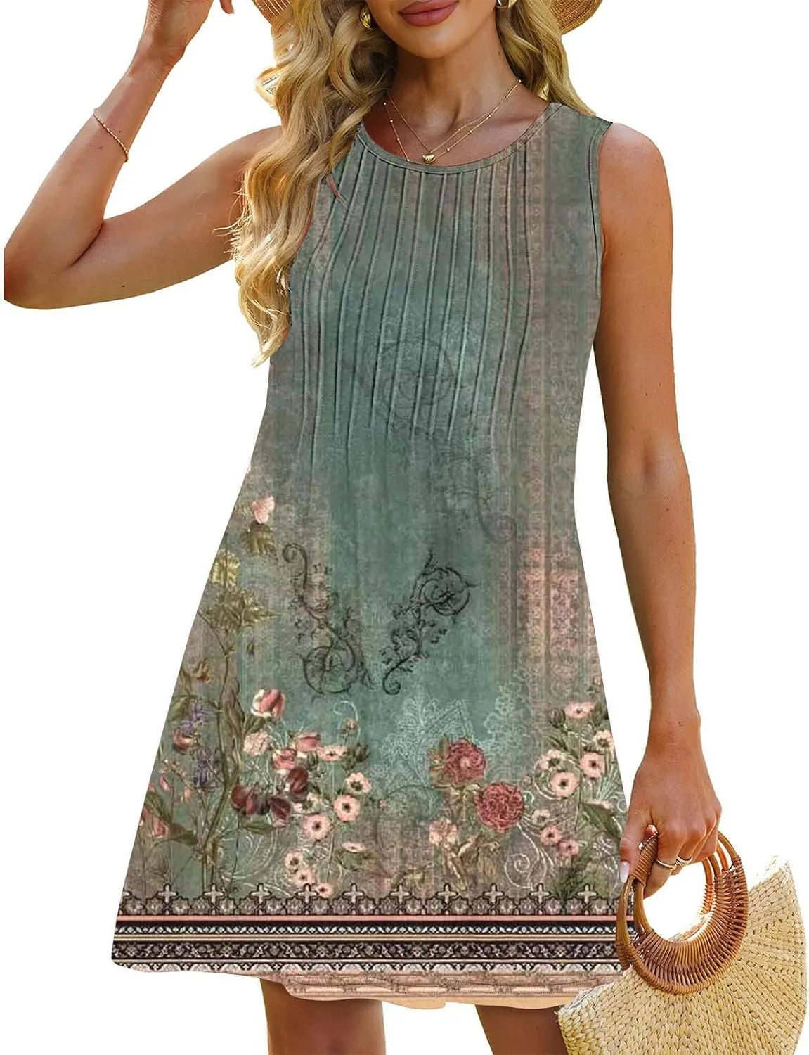 Finelylove Boho Dresses for Women 2025 Sleeveless Mini Floral Dresses Summer Beach Vacation Sundress Casual Tank Dress 2025