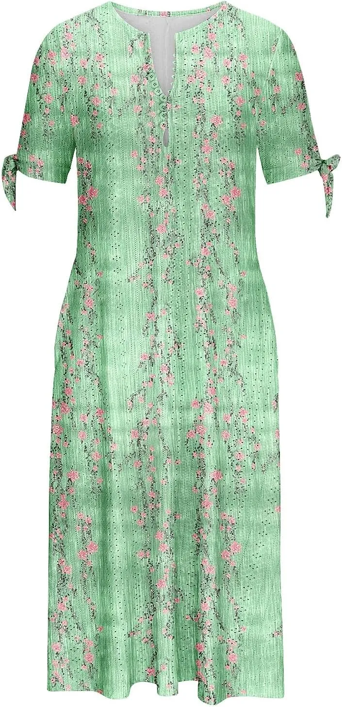 Finelylove Long Maxi Dresses for Women 2025 Trendy Floral Eyelet Short Sleeve Tshirt Dress Casual Boho Summer Beach Sundress