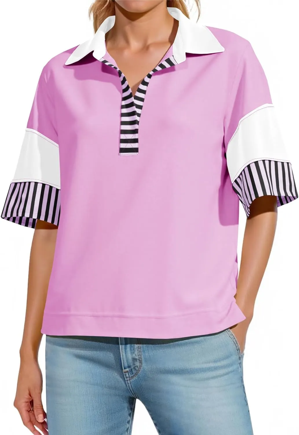 Fisoew Womens Color Block Sweatshirts Casual Short Sleeve Collared V Neck Slit Loose Summer T Shirts