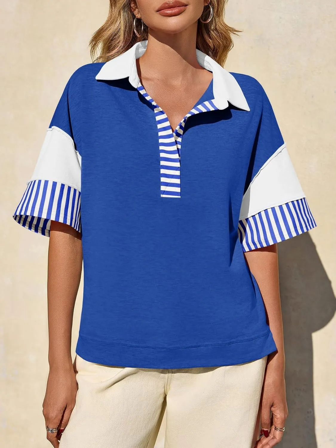 Fisoew Womens Color Block Sweatshirts Casual Short Sleeve Collared V Neck Slit Loose Summer T Shirts