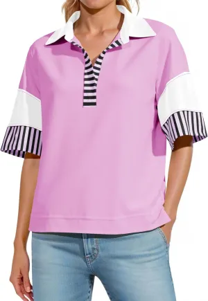 Fisoew Womens Color Block Sweatshirts Casual Short Sleeve Collared V Neck Slit Loose Summer T Shirts