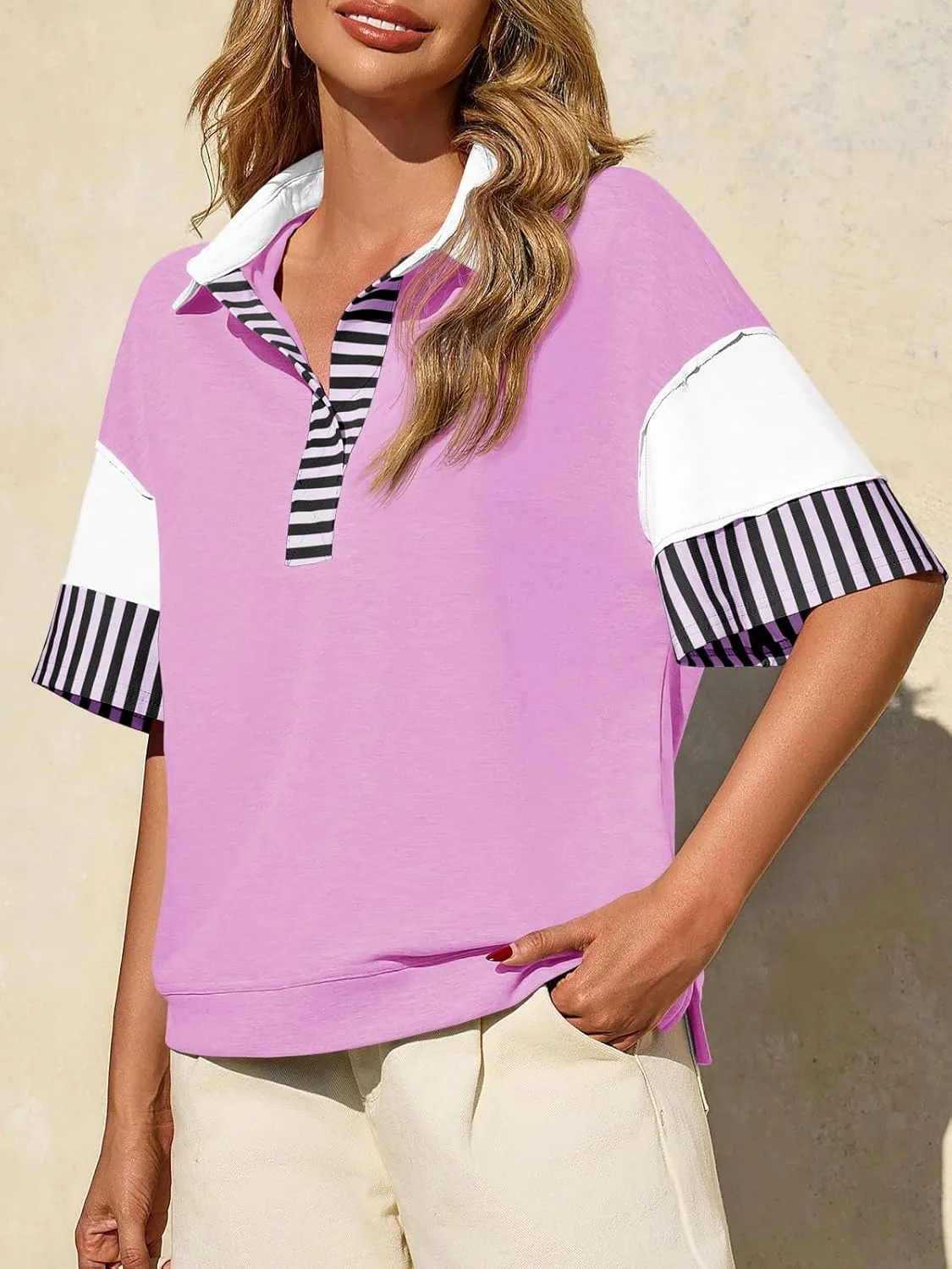 Fisoew Womens Color Block Sweatshirts Casual Short Sleeve Collared V Neck Slit Loose Summer T Shirts