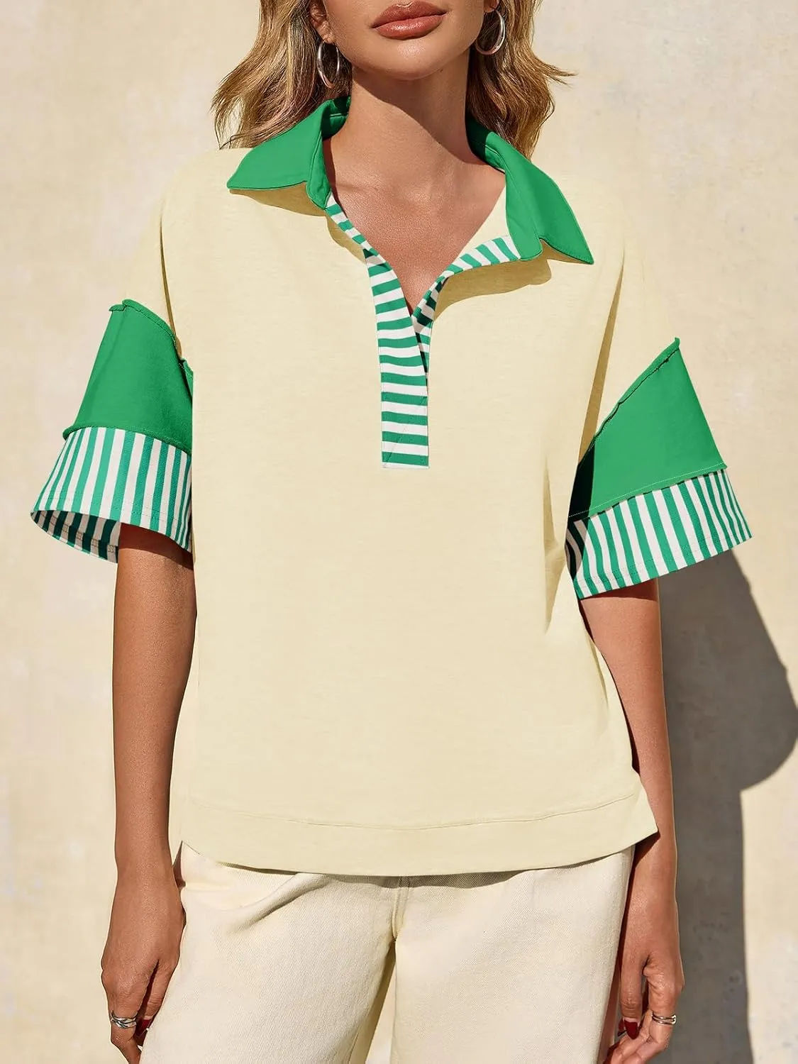 Fisoew Womens Color Block Sweatshirts Casual Short Sleeve Collared V Neck Slit Loose Summer T Shirts