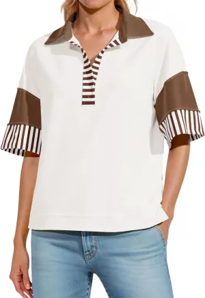 Fisoew Womens Color Block Sweatshirts Casual Short Sleeve Collared V Neck Slit Loose Summer T Shirts