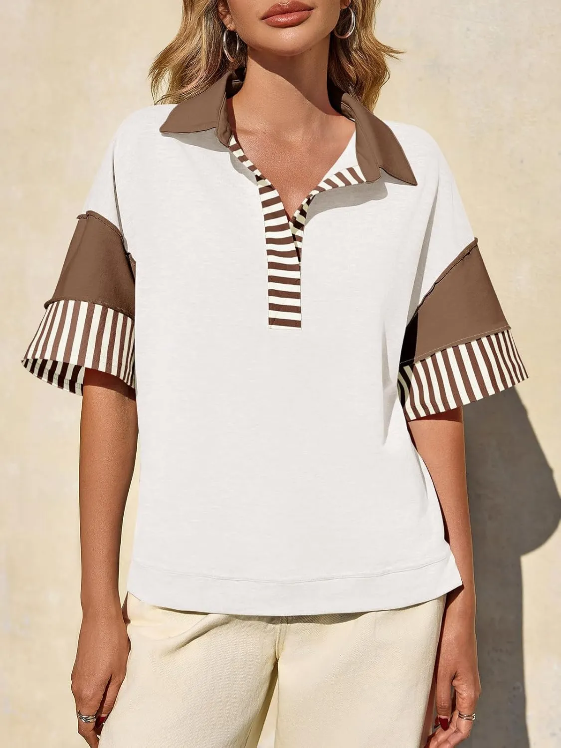 Fisoew Womens Color Block Sweatshirts Casual Short Sleeve Collared V Neck Slit Loose Summer T Shirts