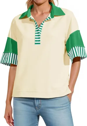 Fisoew Womens Color Block Sweatshirts Casual Short Sleeve Collared V Neck Slit Loose Summer T Shirts