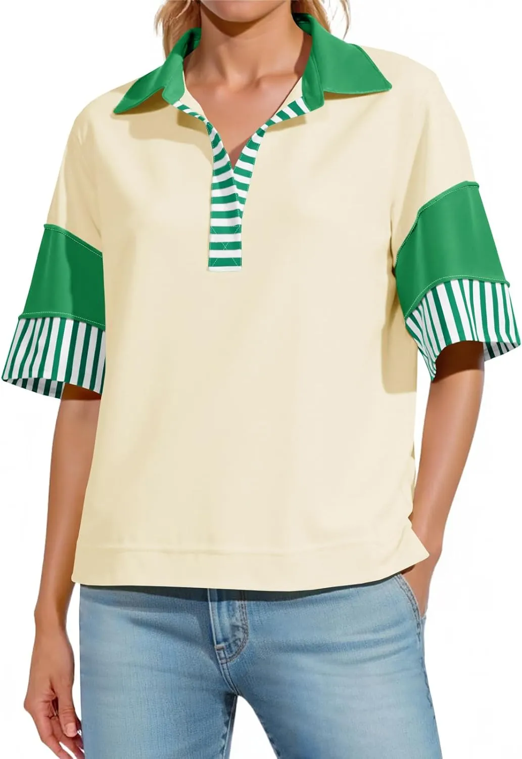 Fisoew Womens Color Block Sweatshirts Casual Short Sleeve Collared V Neck Slit Loose Summer T Shirts