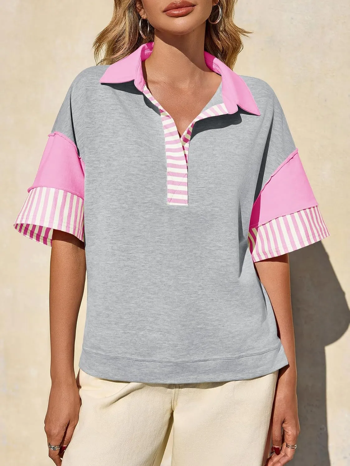 Fisoew Womens Color Block Sweatshirts Casual Short Sleeve Collared V Neck Slit Loose Summer T Shirts