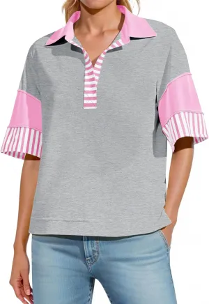 Fisoew Womens Color Block Sweatshirts Casual Short Sleeve Collared V Neck Slit Loose Summer T Shirts