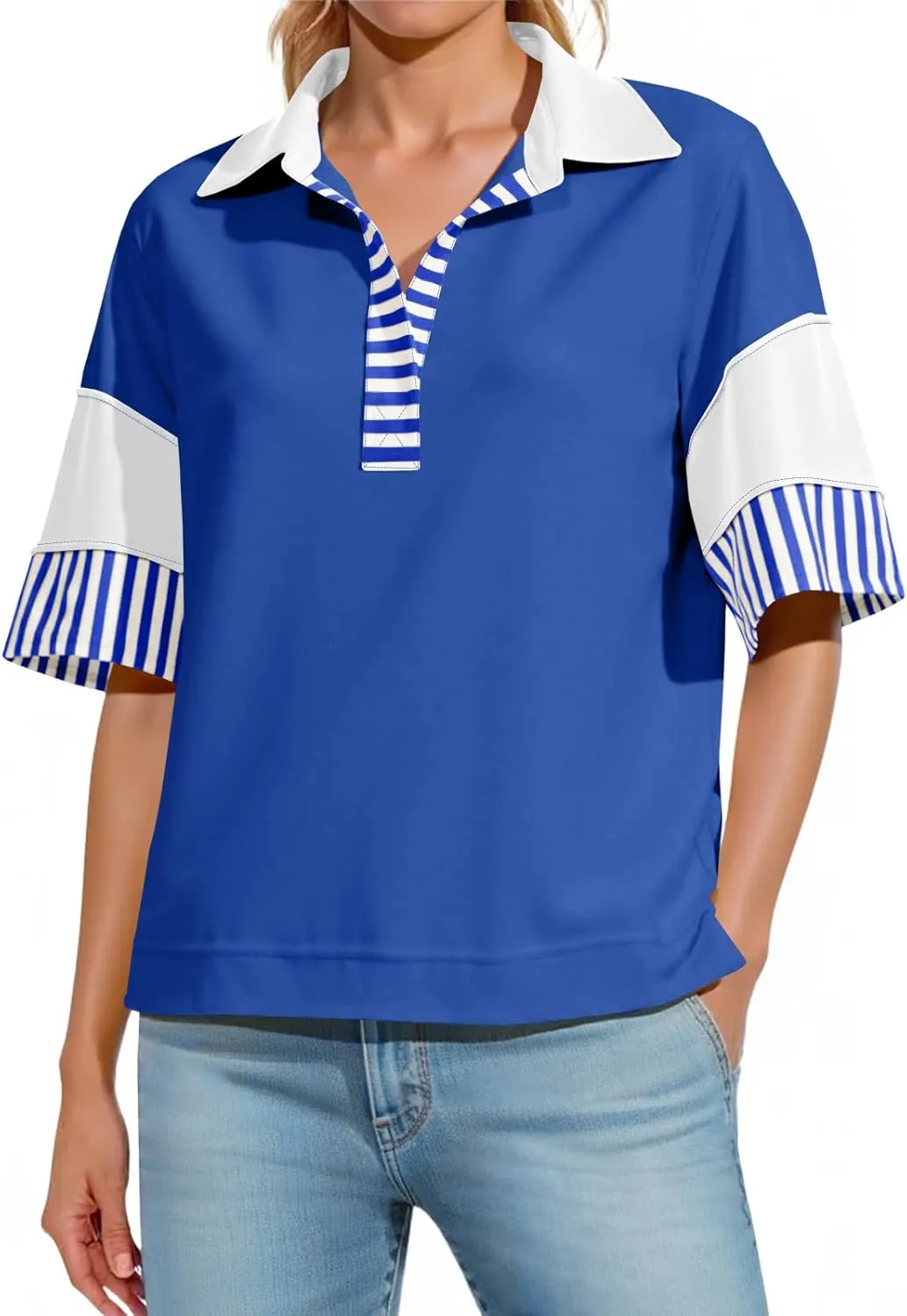 Fisoew Womens Color Block Sweatshirts Casual Short Sleeve Collared V Neck Slit Loose Summer T Shirts