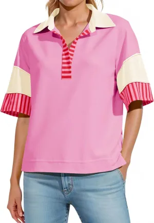 Fisoew Womens Color Block Sweatshirts Casual Short Sleeve Collared V Neck Slit Loose Summer T Shirts