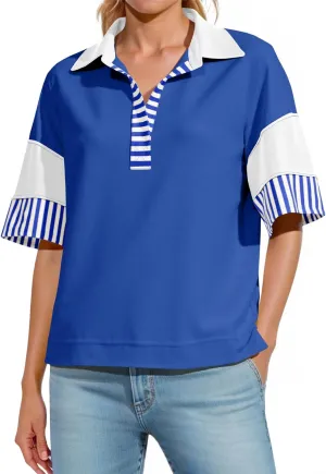 Fisoew Womens Color Block Sweatshirts Casual Short Sleeve Collared V Neck Slit Loose Summer T Shirts
