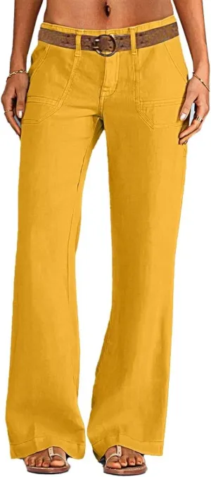 Flamingals Women's Linen Pants Low Rise Wide Leg Pants Flare Dress Pants Without Belt