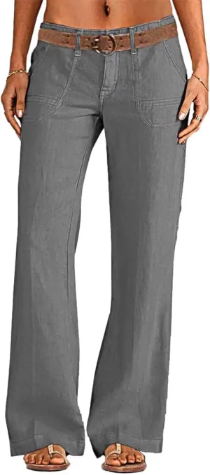 Flamingals Women's Linen Pants Low Rise Wide Leg Pants Flare Dress Pants Without Belt