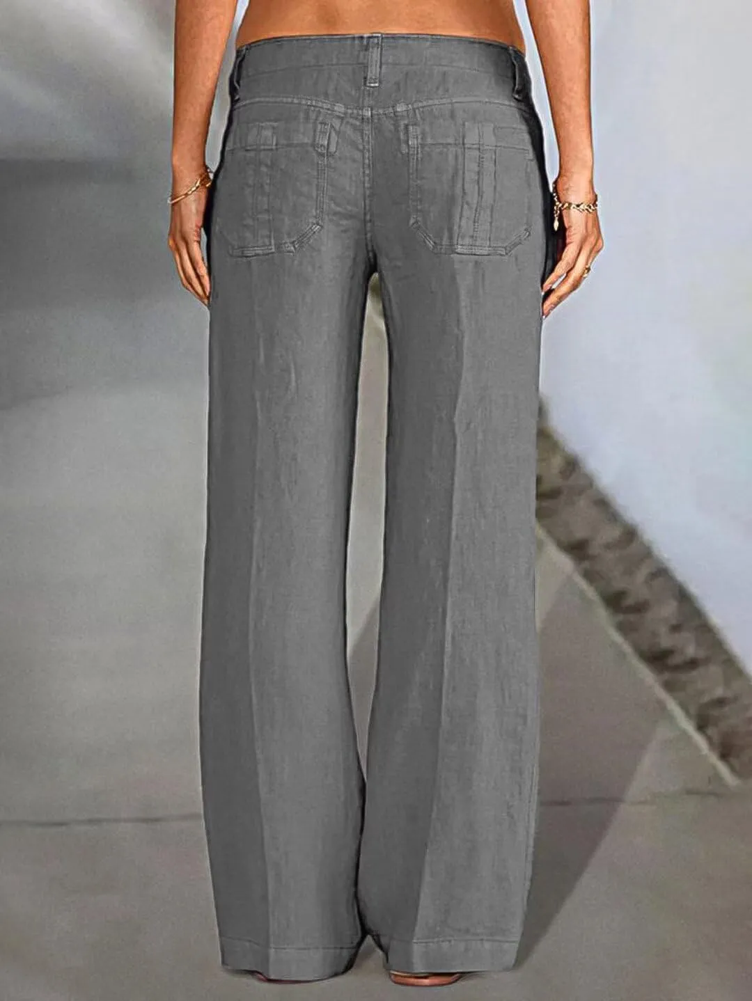 Flamingals Women's Linen Pants Low Rise Wide Leg Pants Flare Dress Pants Without Belt