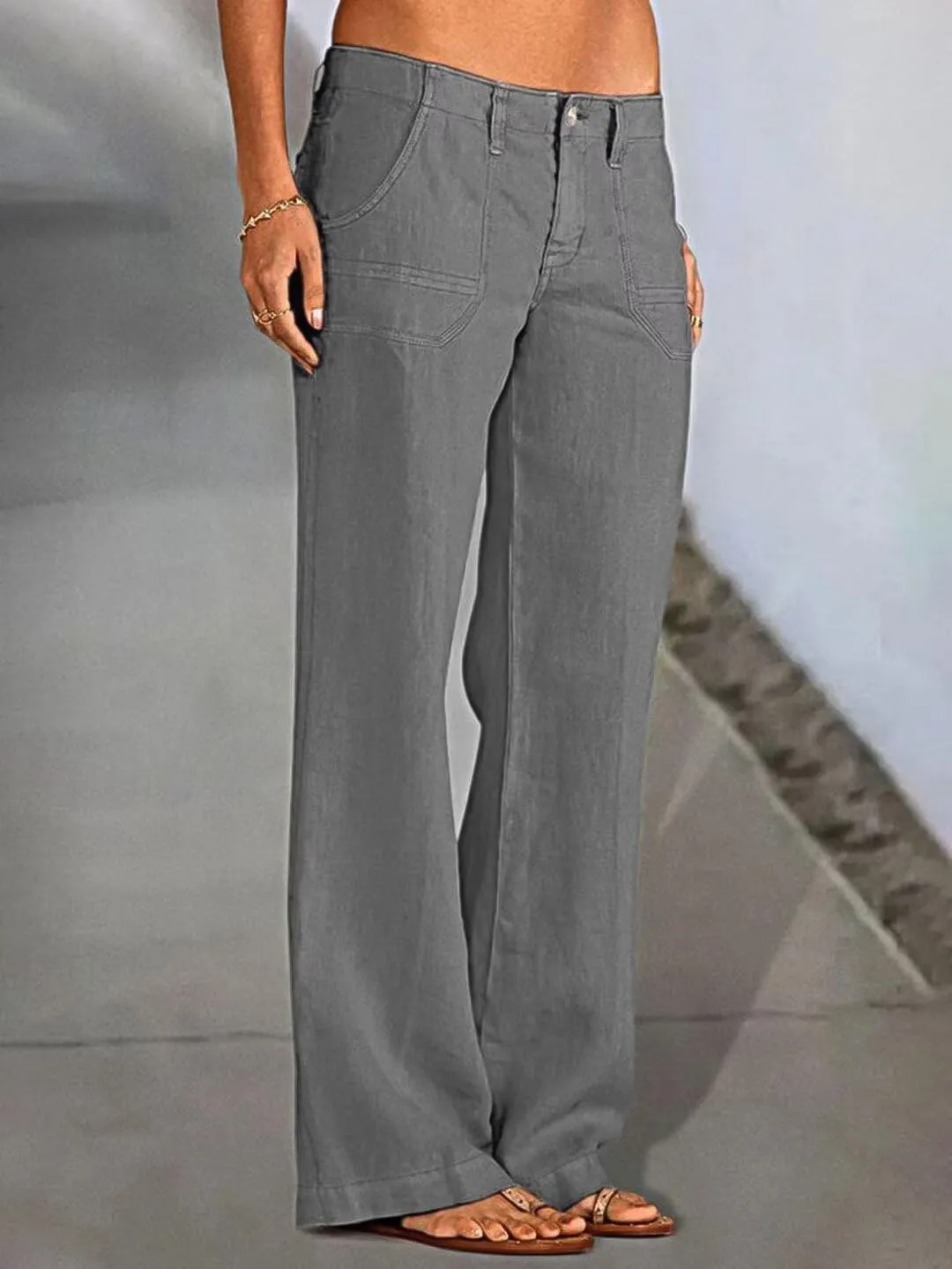 Flamingals Women's Linen Pants Low Rise Wide Leg Pants Flare Dress Pants Without Belt