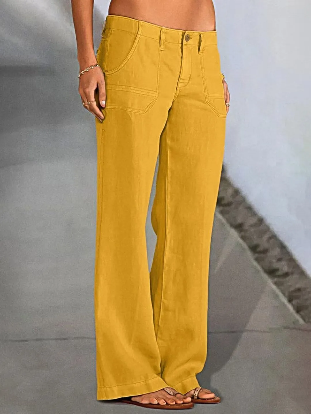 Flamingals Women's Linen Pants Low Rise Wide Leg Pants Flare Dress Pants Without Belt