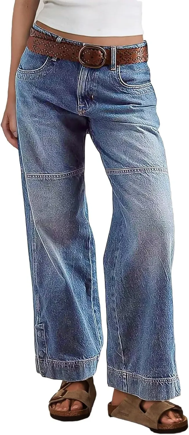 Flamingals Women's Stitch Detail Mid Waist Straight Leg Jeans Without Belt