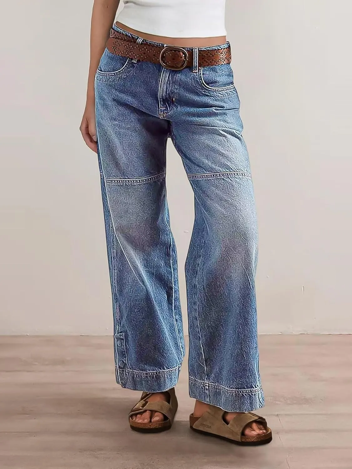 Flamingals Women's Stitch Detail Mid Waist Straight Leg Jeans Without Belt