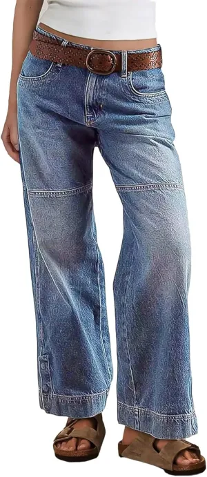 Flamingals Women's Stitch Detail Mid Waist Straight Leg Jeans Without Belt