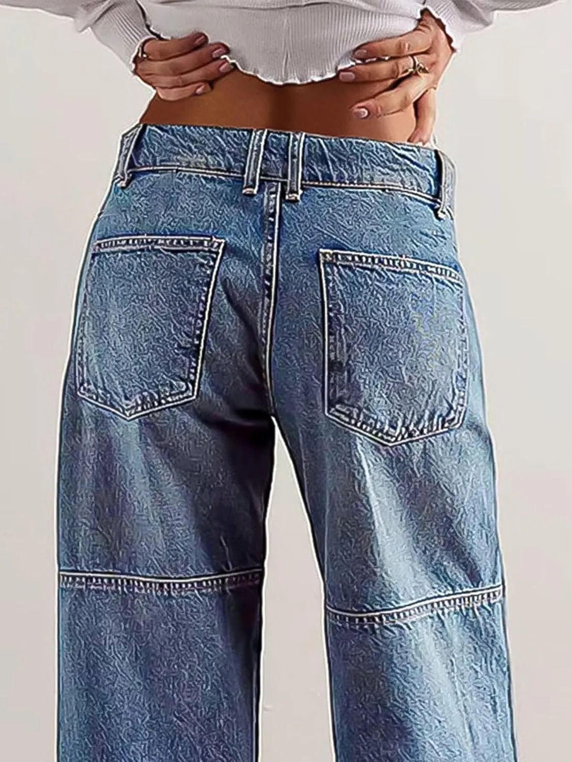 Flamingals Women's Stitch Detail Mid Waist Straight Leg Jeans Without Belt