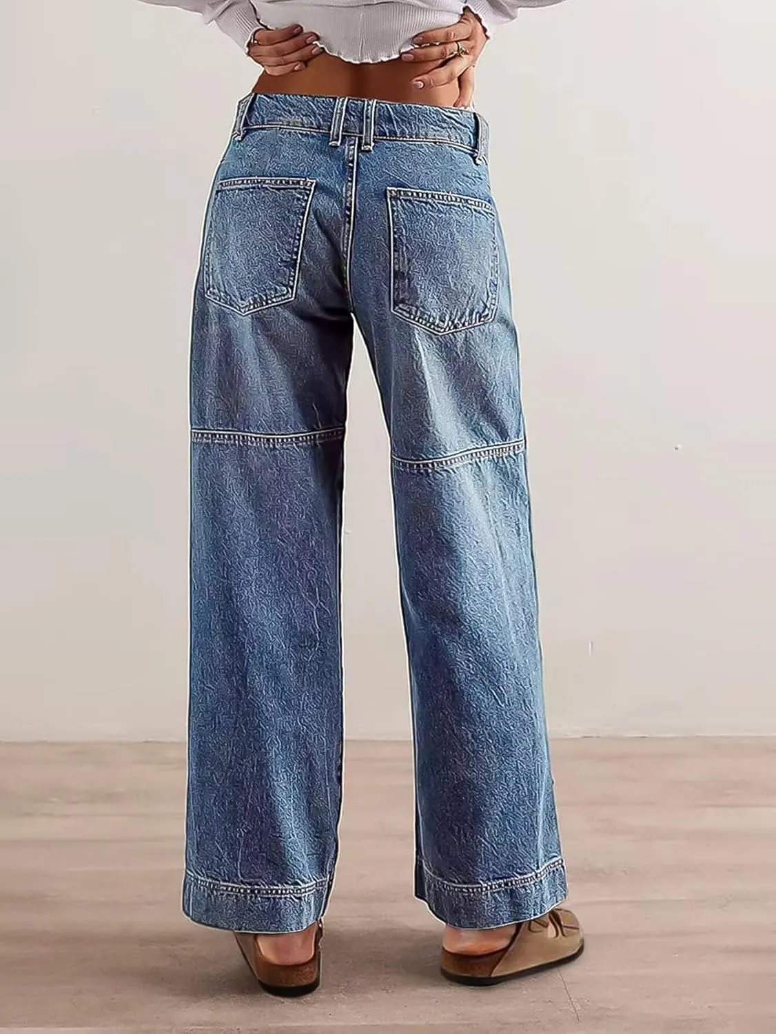 Flamingals Women's Stitch Detail Mid Waist Straight Leg Jeans Without Belt