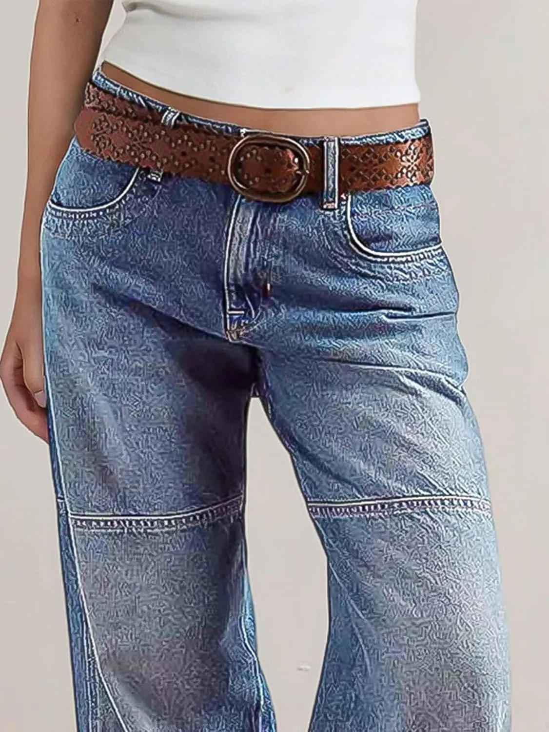 Flamingals Women's Stitch Detail Mid Waist Straight Leg Jeans Without Belt