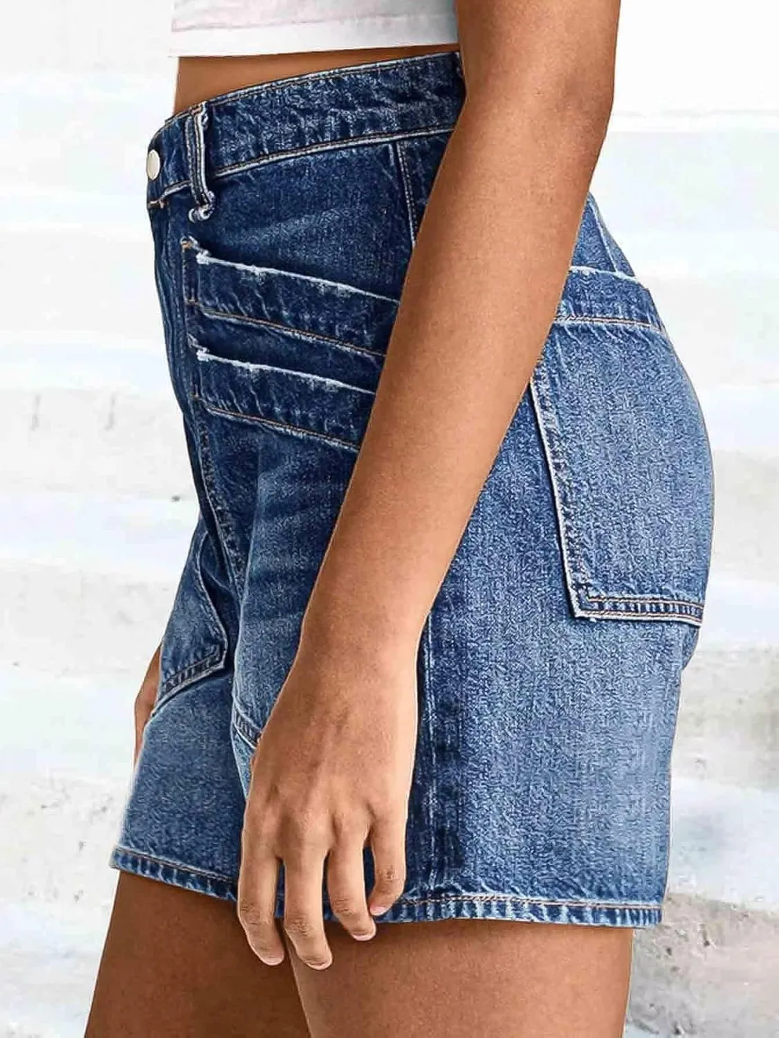 Flamingals Women's Wash Stitch Detail Layered Pocket High Waist Denim Mid Thigh Shorts