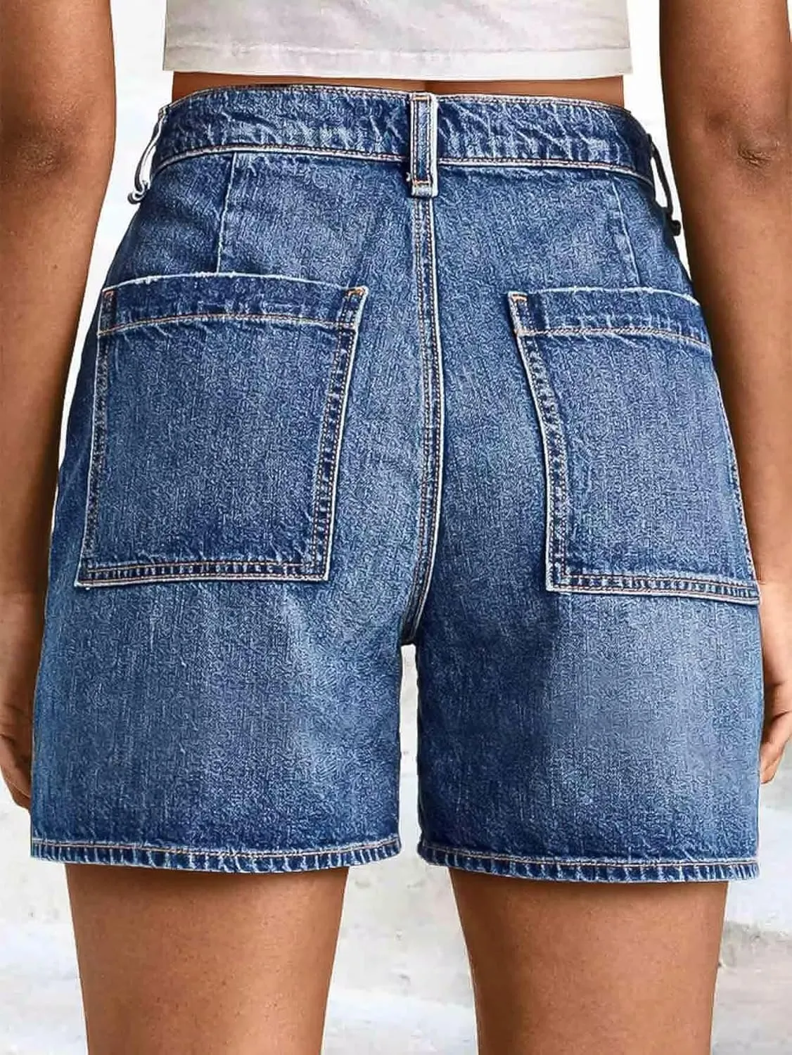Flamingals Women's Wash Stitch Detail Layered Pocket High Waist Denim Mid Thigh Shorts