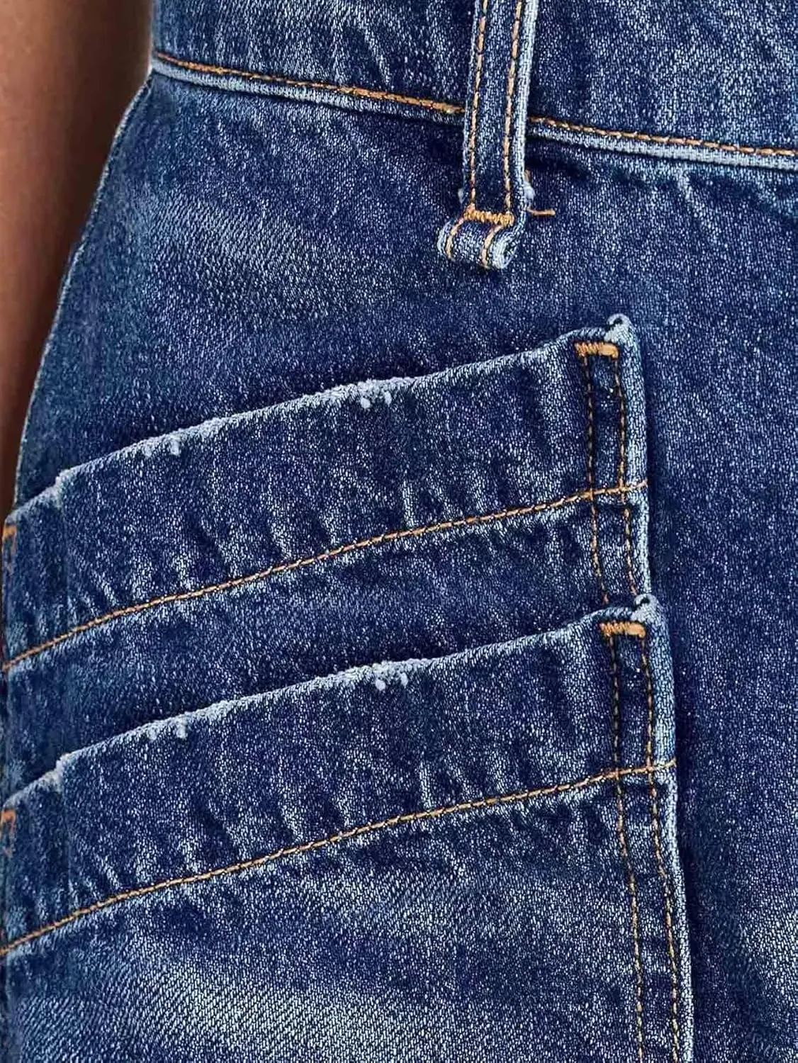 Flamingals Women's Wash Stitch Detail Layered Pocket High Waist Denim Mid Thigh Shorts