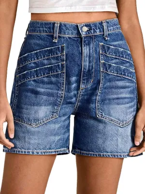 Flamingals Women's Wash Stitch Detail Layered Pocket High Waist Denim Mid Thigh Shorts
