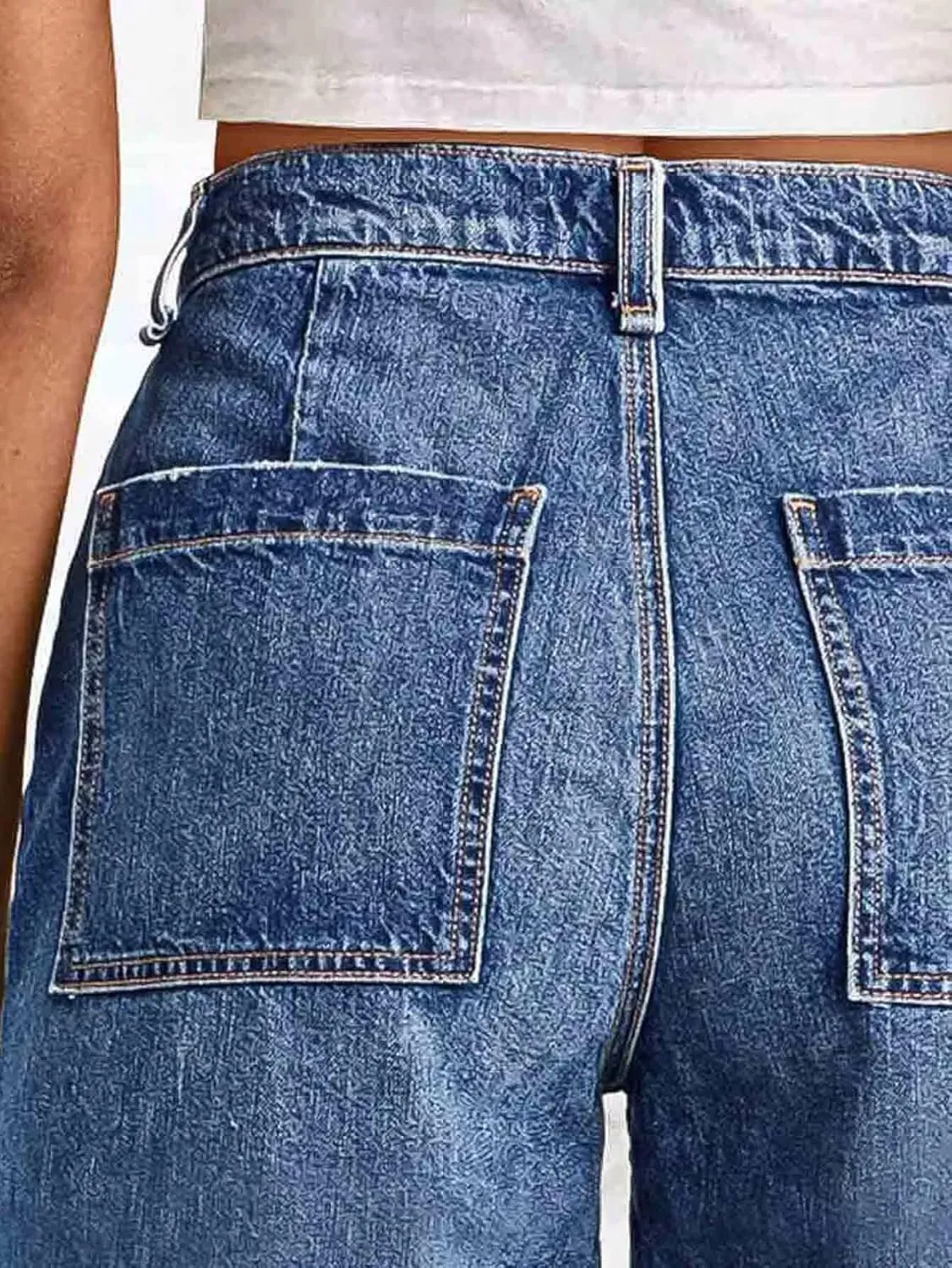 Flamingals Women's Wash Stitch Detail Layered Pocket High Waist Denim Mid Thigh Shorts