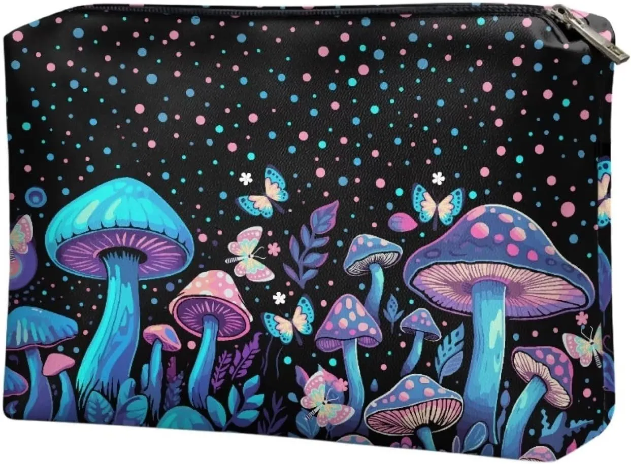 Flashideas Blue Mushroom Cosmetic Bag for Purse Travel Pouch Toiletry Bag Durable Lightweight PU Leather Portable Versatile Birthday Gifts for Sisters Friend Everyday Use