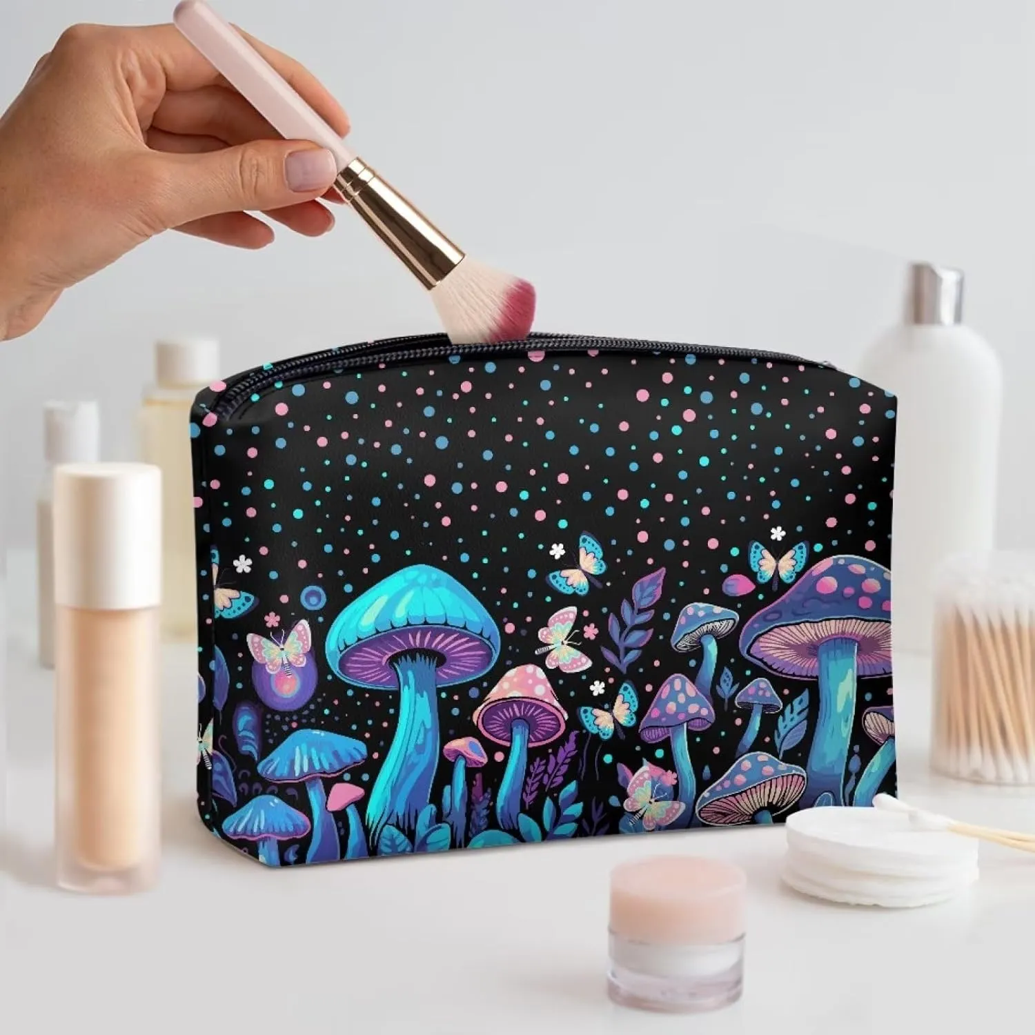 Flashideas Blue Mushroom Cosmetic Bag for Purse Travel Pouch Toiletry Bag Durable Lightweight PU Leather Portable Versatile Birthday Gifts for Sisters Friend Everyday Use