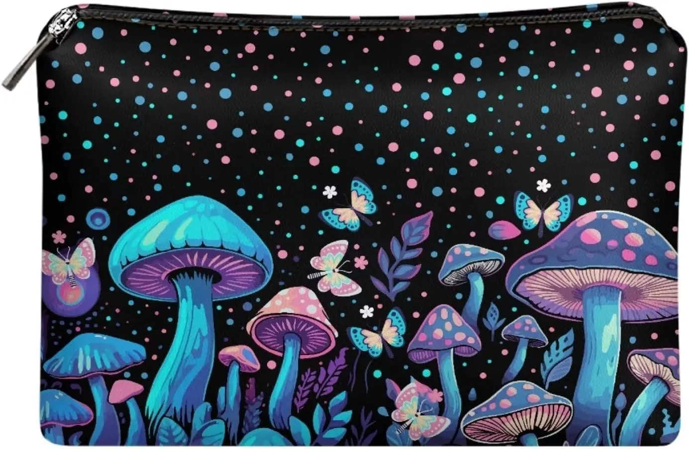Flashideas Blue Mushroom Cosmetic Bag for Purse Travel Pouch Toiletry Bag Durable Lightweight PU Leather Portable Versatile Birthday Gifts for Sisters Friend Everyday Use