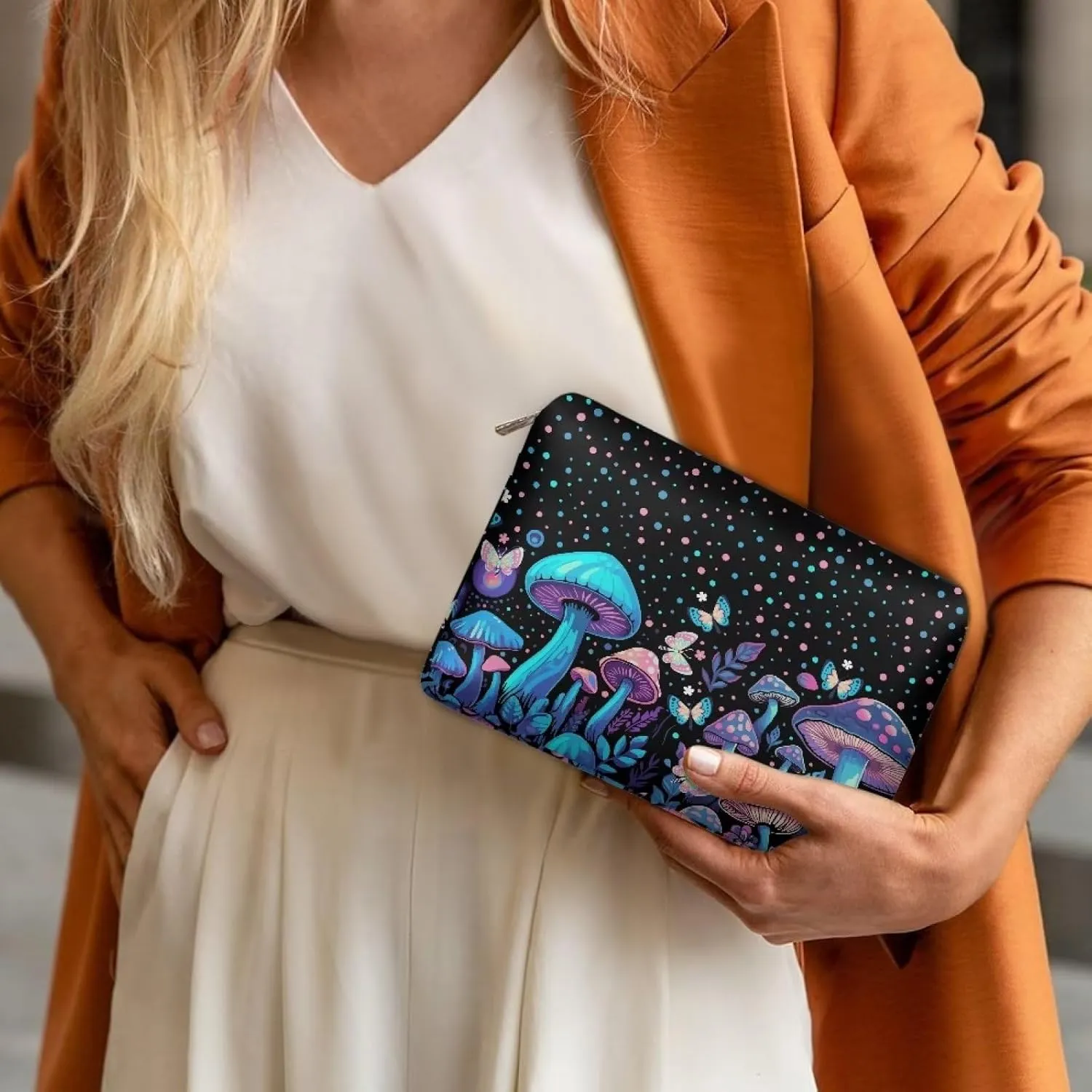 Flashideas Blue Mushroom Cosmetic Bag for Purse Travel Pouch Toiletry Bag Durable Lightweight PU Leather Portable Versatile Birthday Gifts for Sisters Friend Everyday Use