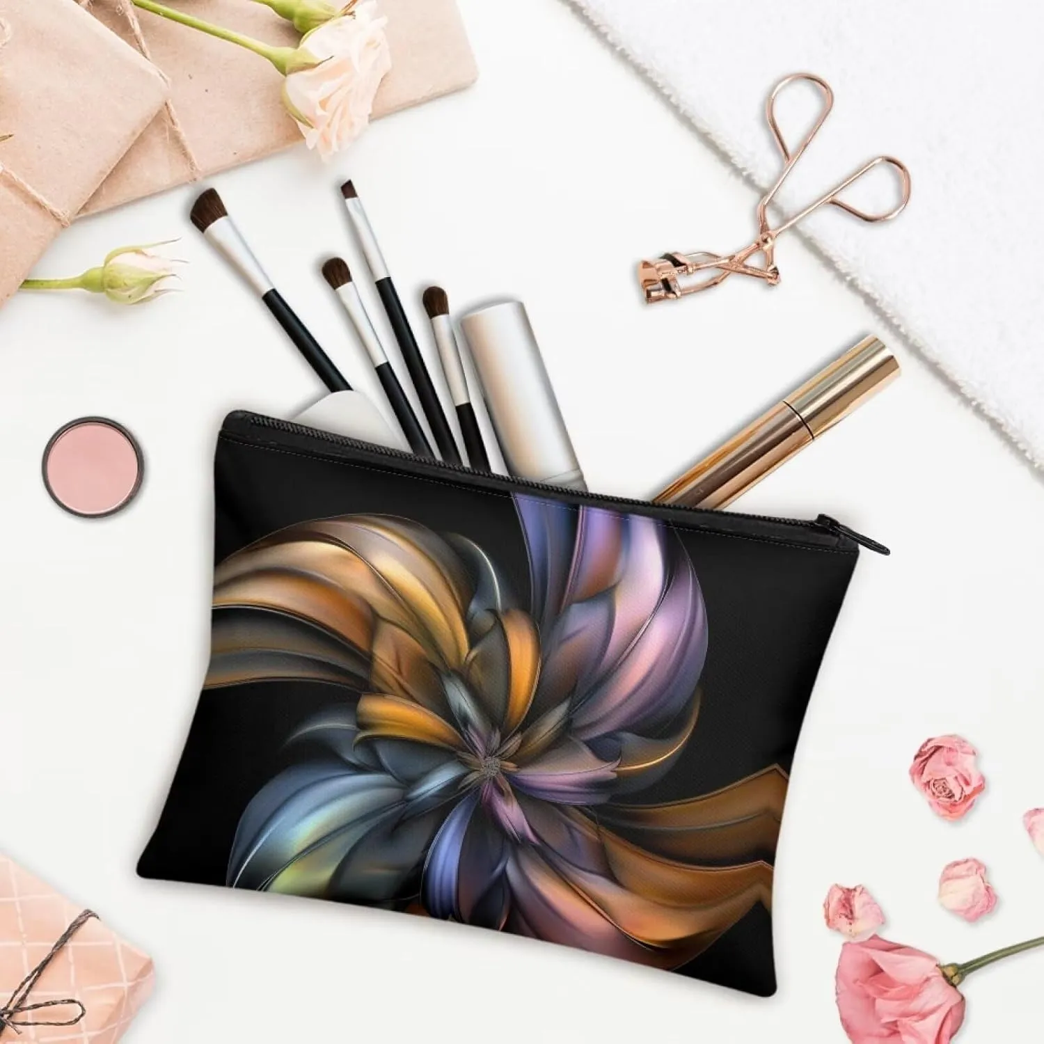 Flashideas Boho Floral Makeup Pouch for Purse Portable Versatile Travel Makeup Bag Organizer Cosmetic Zipper Pouch Purse Easy to Take Portable Toiletry Bag