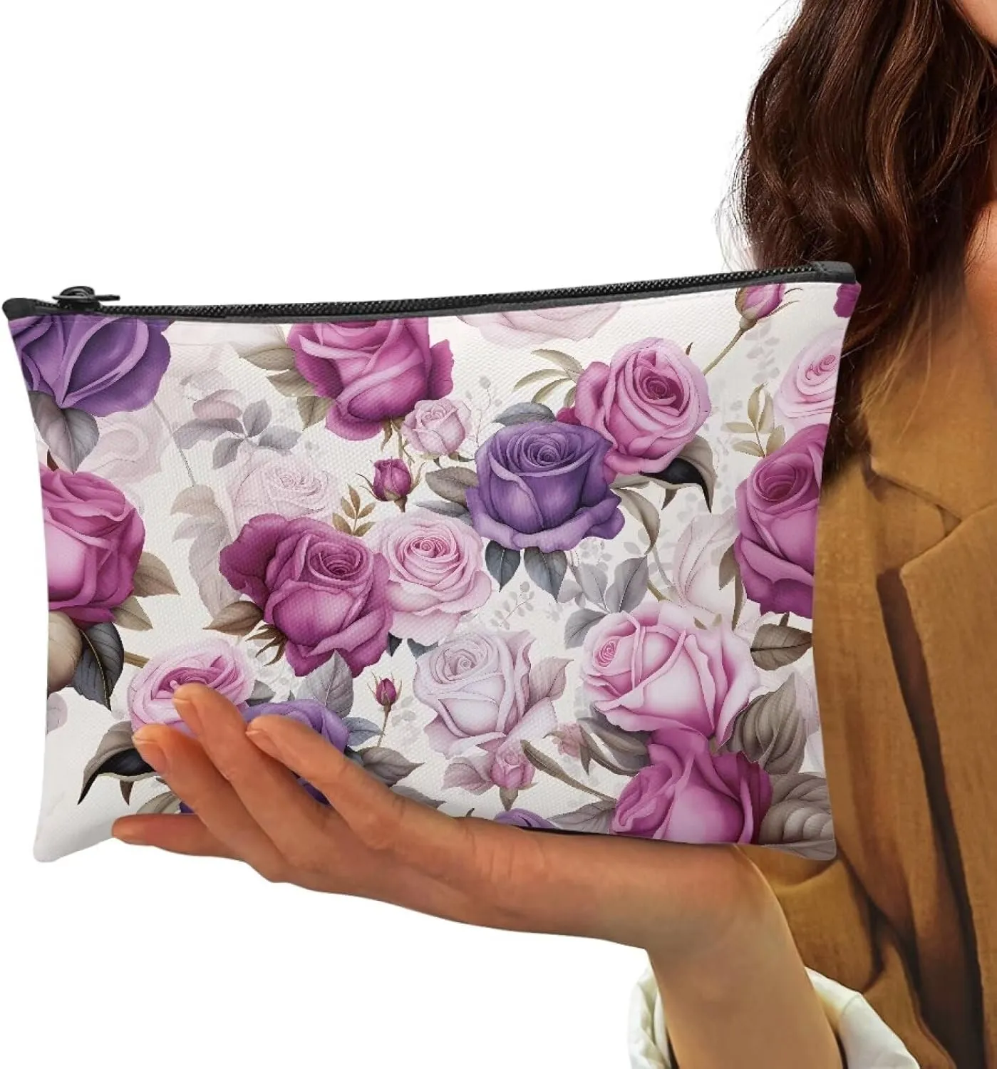Flashideas Purple Rose Makeup Pouch for Purse Portable Versatile Travel Makeup Bag Organizer Cosmetic Zipper Pouch Purse Easy to Take Portable Toiletry Bag
