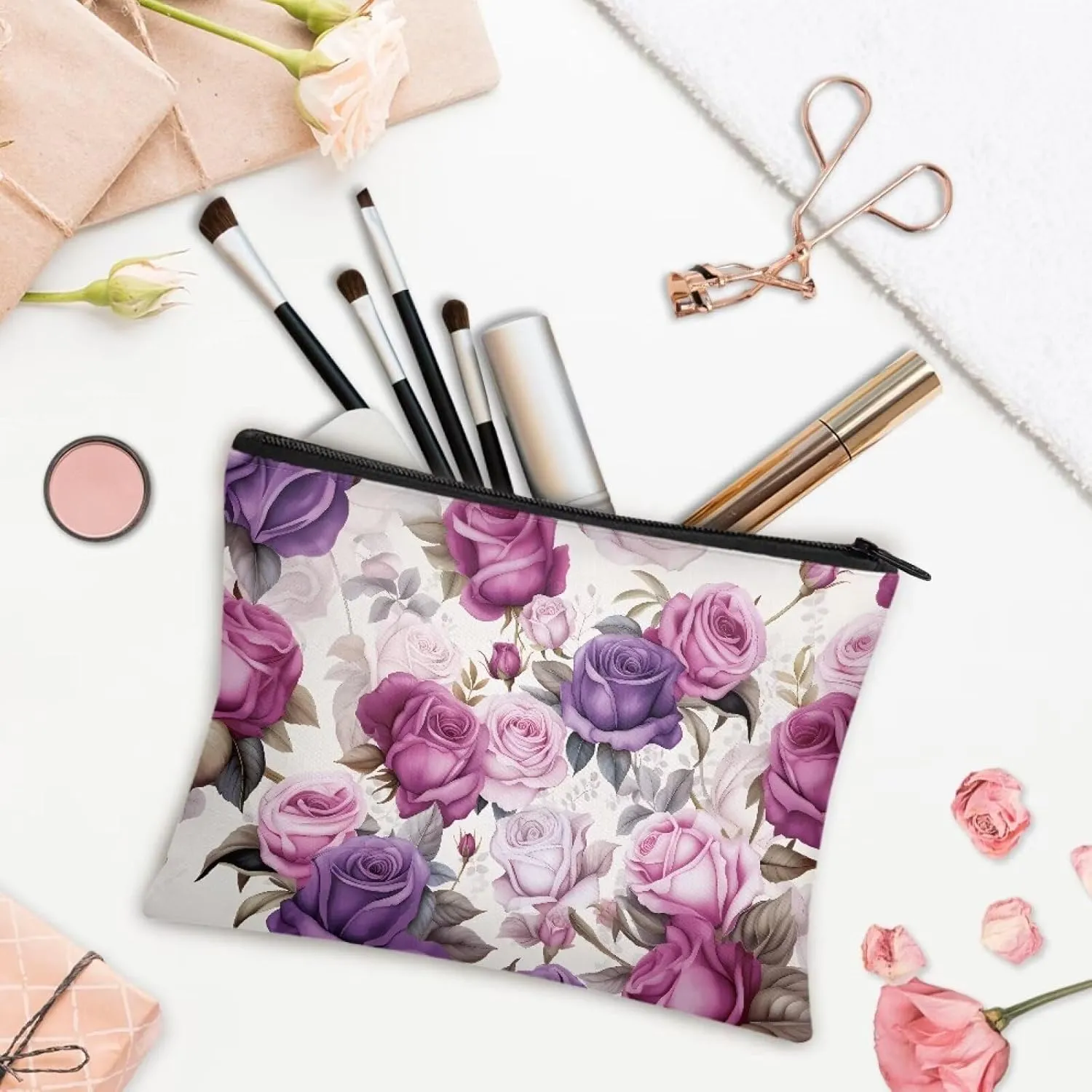 Flashideas Purple Rose Makeup Pouch for Purse Portable Versatile Travel Makeup Bag Organizer Cosmetic Zipper Pouch Purse Easy to Take Portable Toiletry Bag