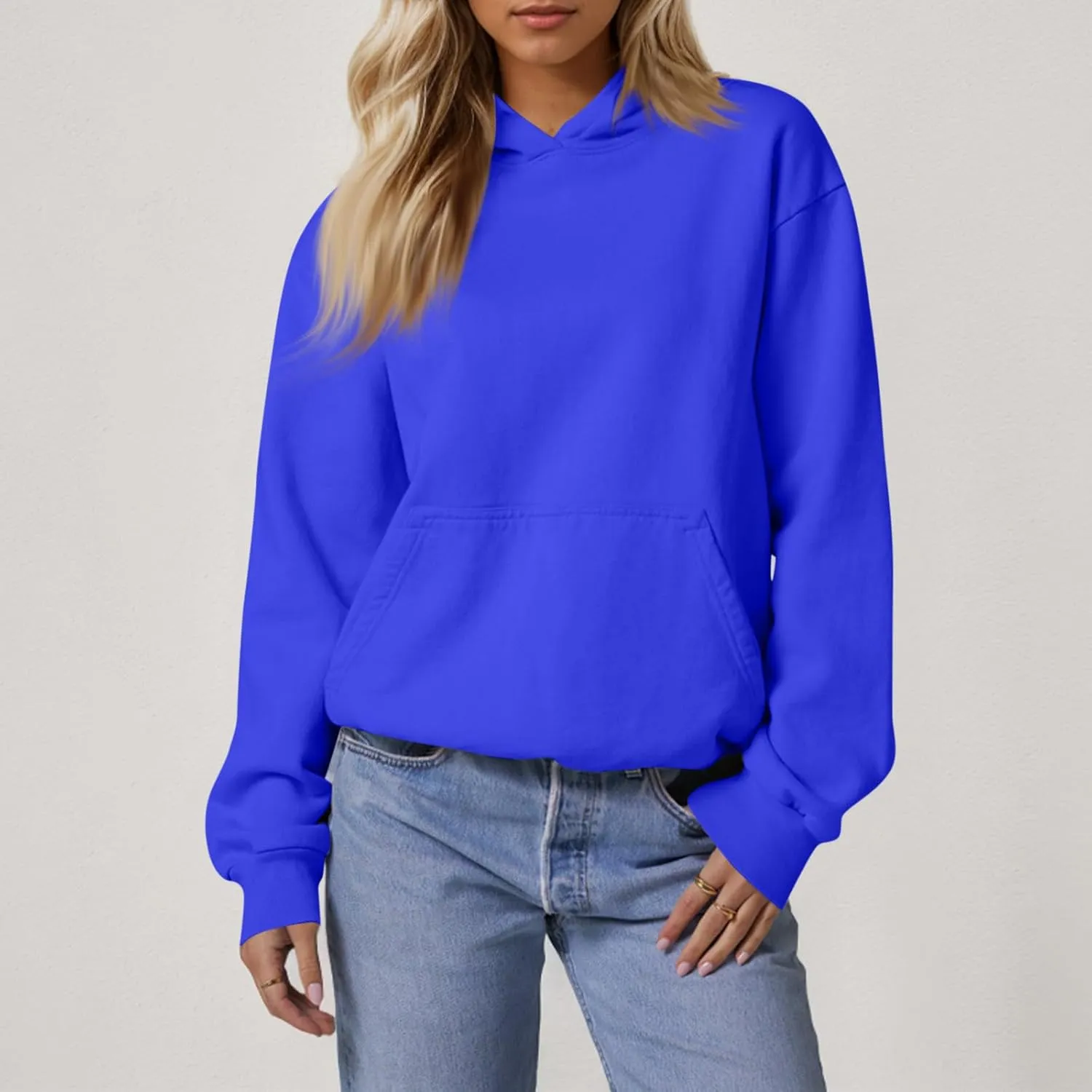Fleece Hoodie Women Oversized Thermal Long Sleeve Hooded Sweatshirts Drop Shoulder Plain Pullover Tops with Pockets