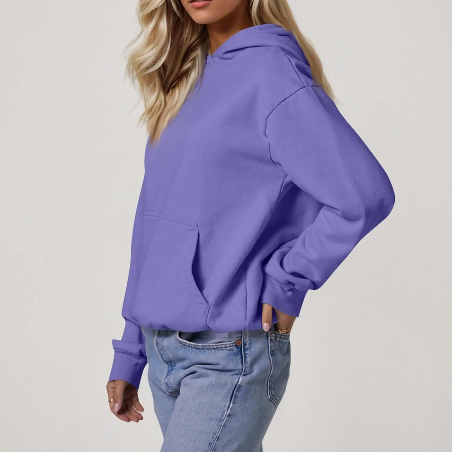 Fleece Hoodie Women Oversized Thermal Long Sleeve Hooded Sweatshirts Drop Shoulder Plain Pullover Tops with Pockets