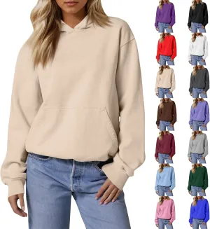 Fleece Hoodie Women Oversized Thermal Long Sleeve Hooded Sweatshirts Drop Shoulder Plain Pullover Tops with Pockets