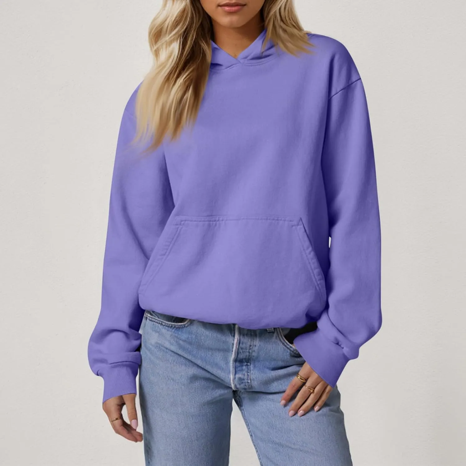 Fleece Hoodie Women Oversized Thermal Long Sleeve Hooded Sweatshirts Drop Shoulder Plain Pullover Tops with Pockets